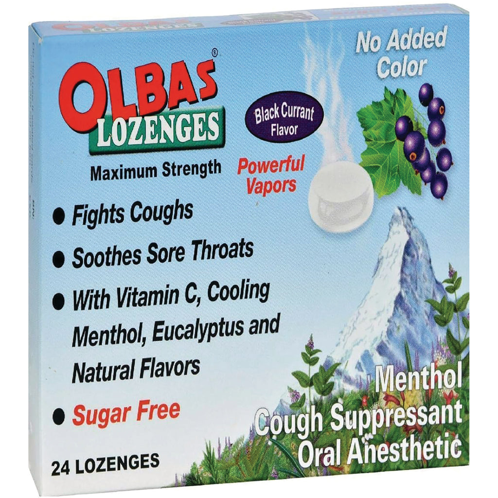 OLB011 | Front of Olbas lozenges box, black currant flavor, lists fights coughs, soothes sore throats, sugar free, 24 lozenges - Thumbnail