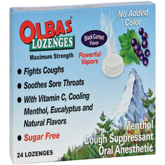 OLB011 | Front of Olbas lozenges box, black currant flavor, lists fights coughs, soothes sore throats, sugar free, 24 lozenges