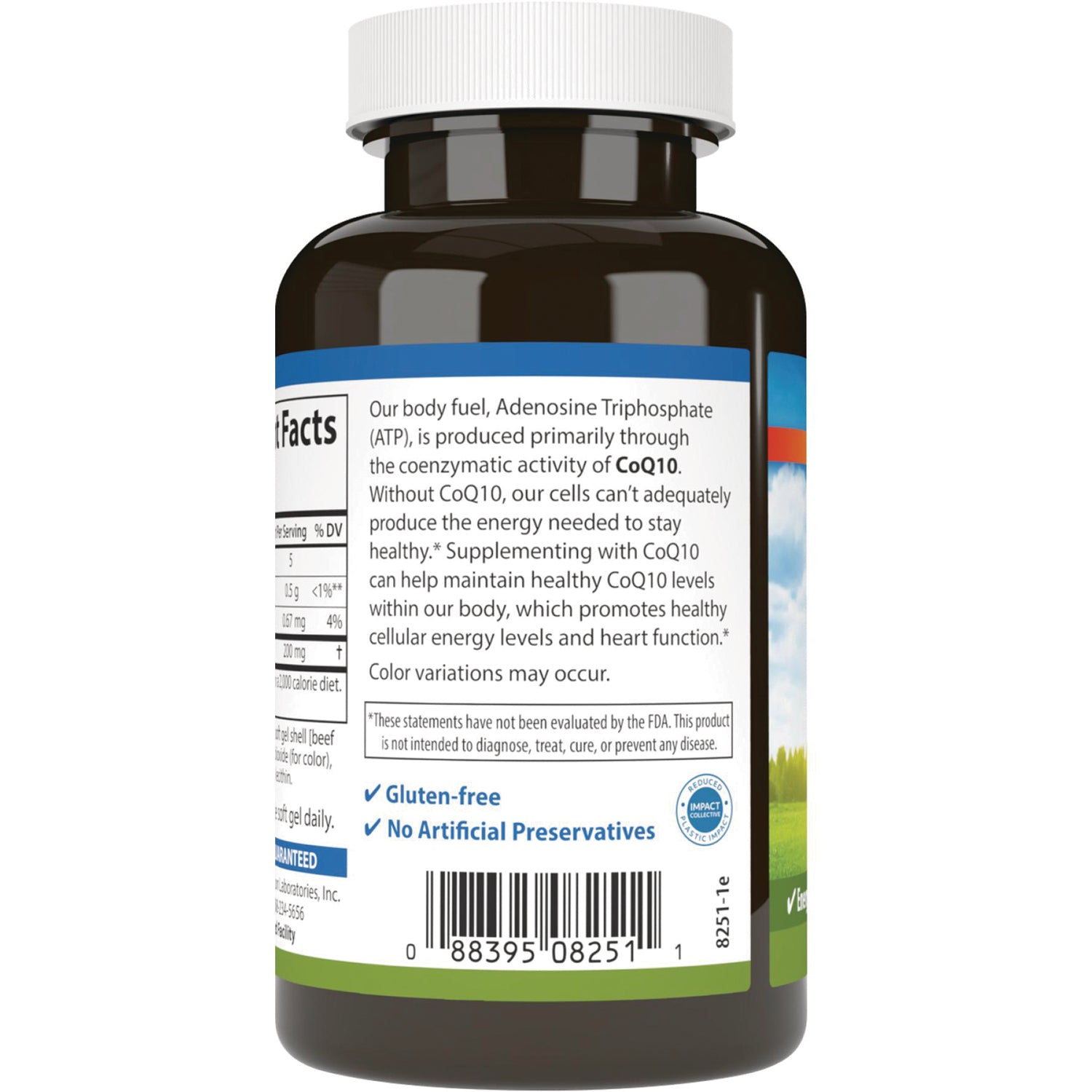 CSN096 | Back of brown supplement bottle label showing CoQ10 description, nutrition panel, barcode, Gluten-free and No Artificial Preservatives
