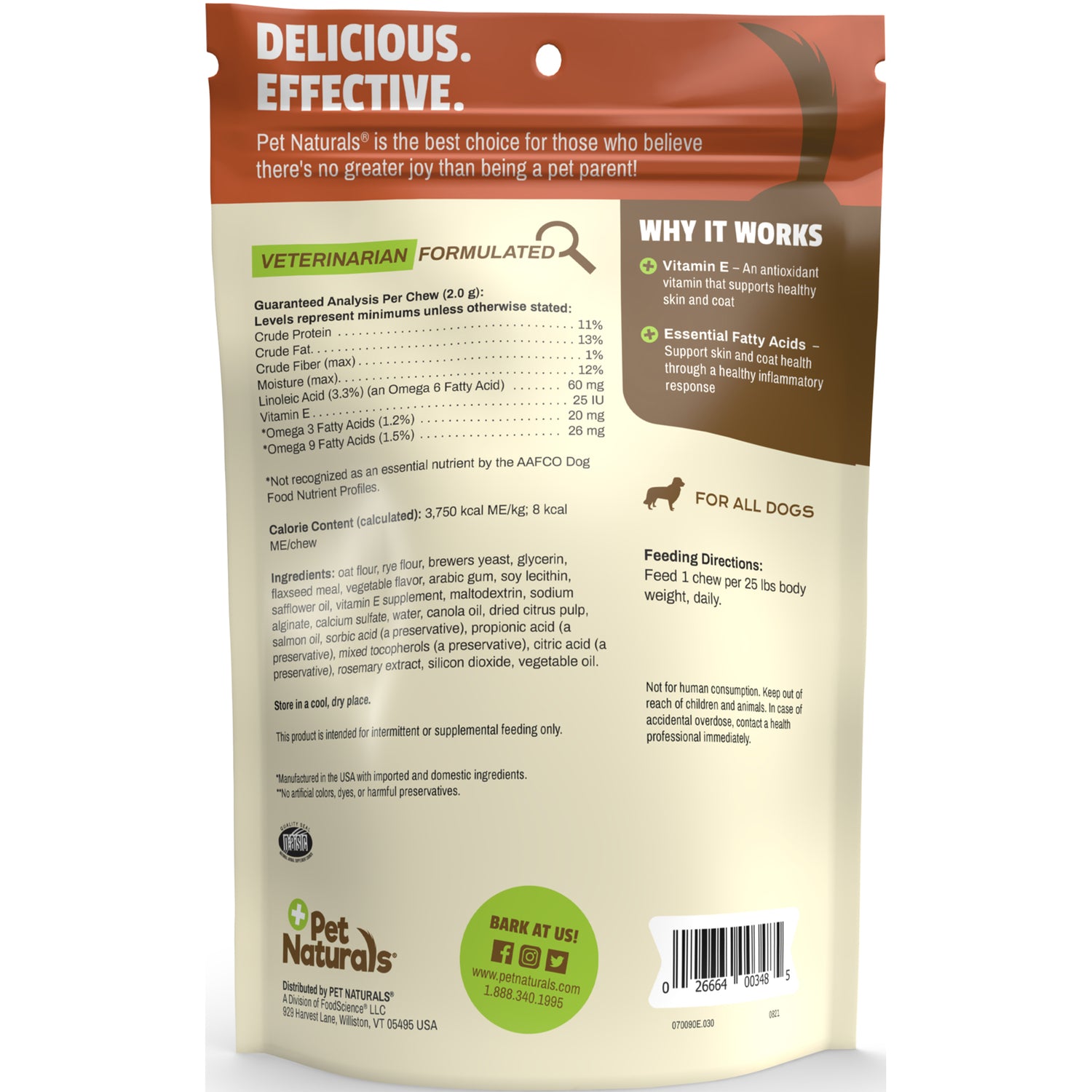 PTN071 | Back of Pet Naturals dog supplement pouch showing guaranteed analysis, ingredients, feeding directions, and barcode