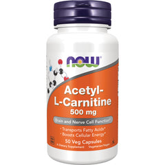 NWF013 | NOW Acetyl-L-Carnitine 500 mg bottle with orange label, 50 veg capsules