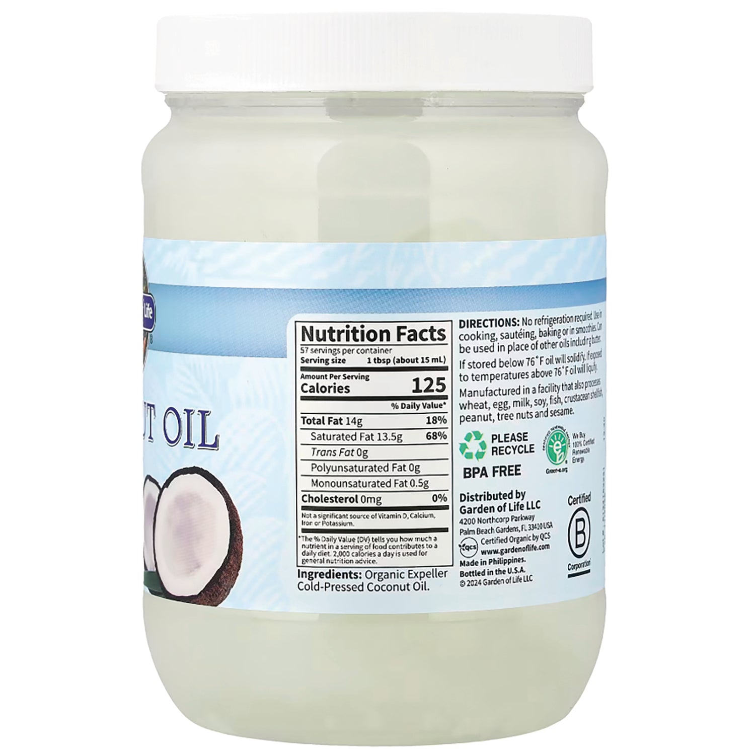 GLF233 | jar of coconut oil showing nutrition facts panel, ingredients text and BPA free recycle icons