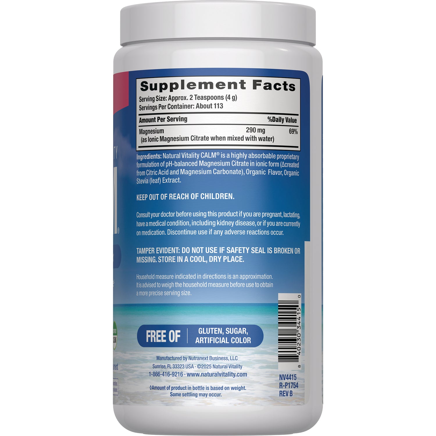 NVT072 | back label showing Supplement Facts panel, ingredients, warnings and barcode on blue beach-themed bottle label