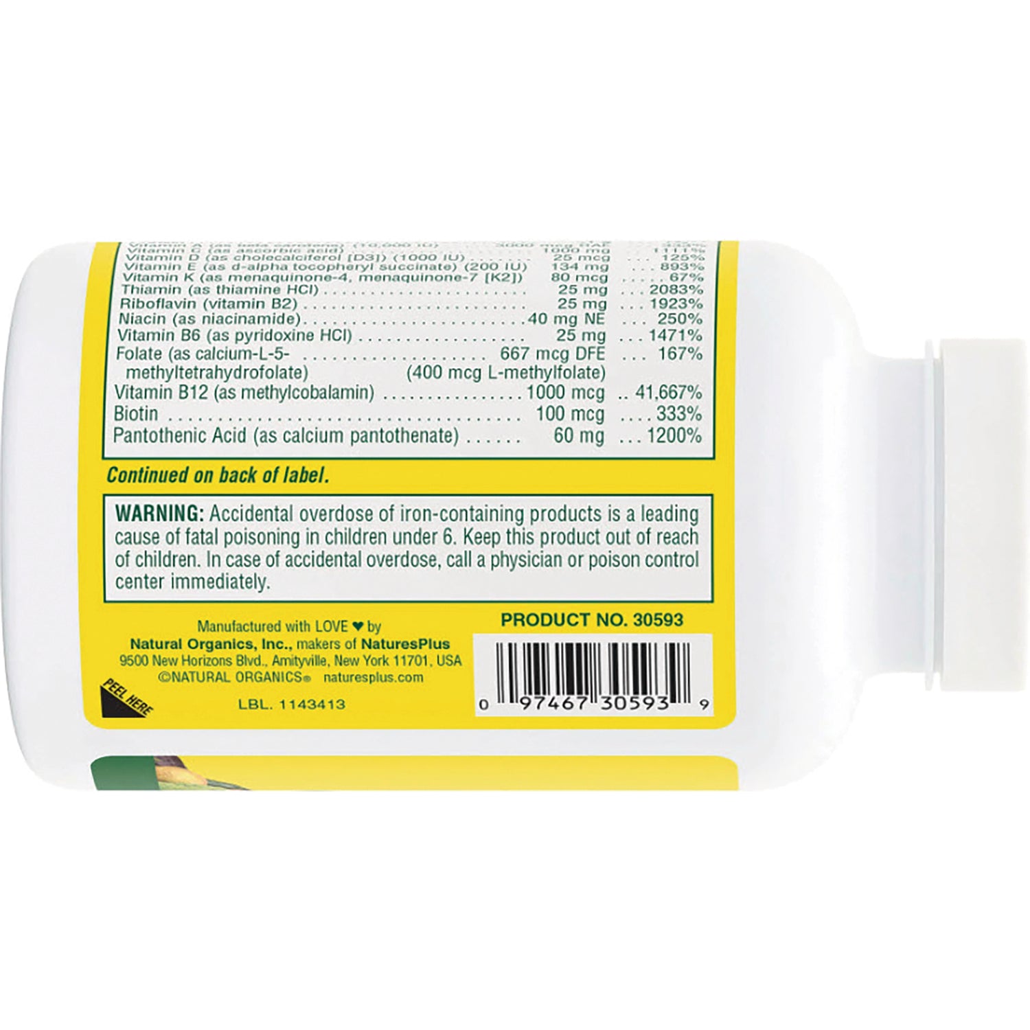 NTP033 | Back of supplement bottle showing nutrition facts, warning box, and barcode