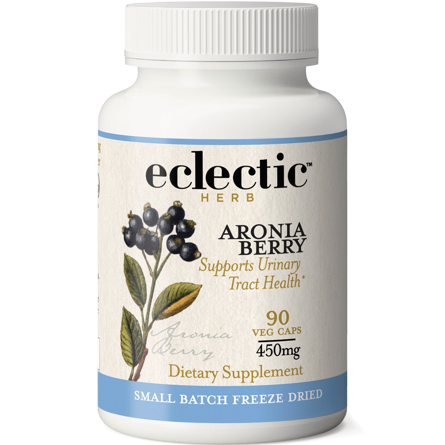 EC019 | Eclectic Herb Aronia Berry dietary supplement bottle labeled Supports Urinary Tract Health, 90 veg caps 450mg