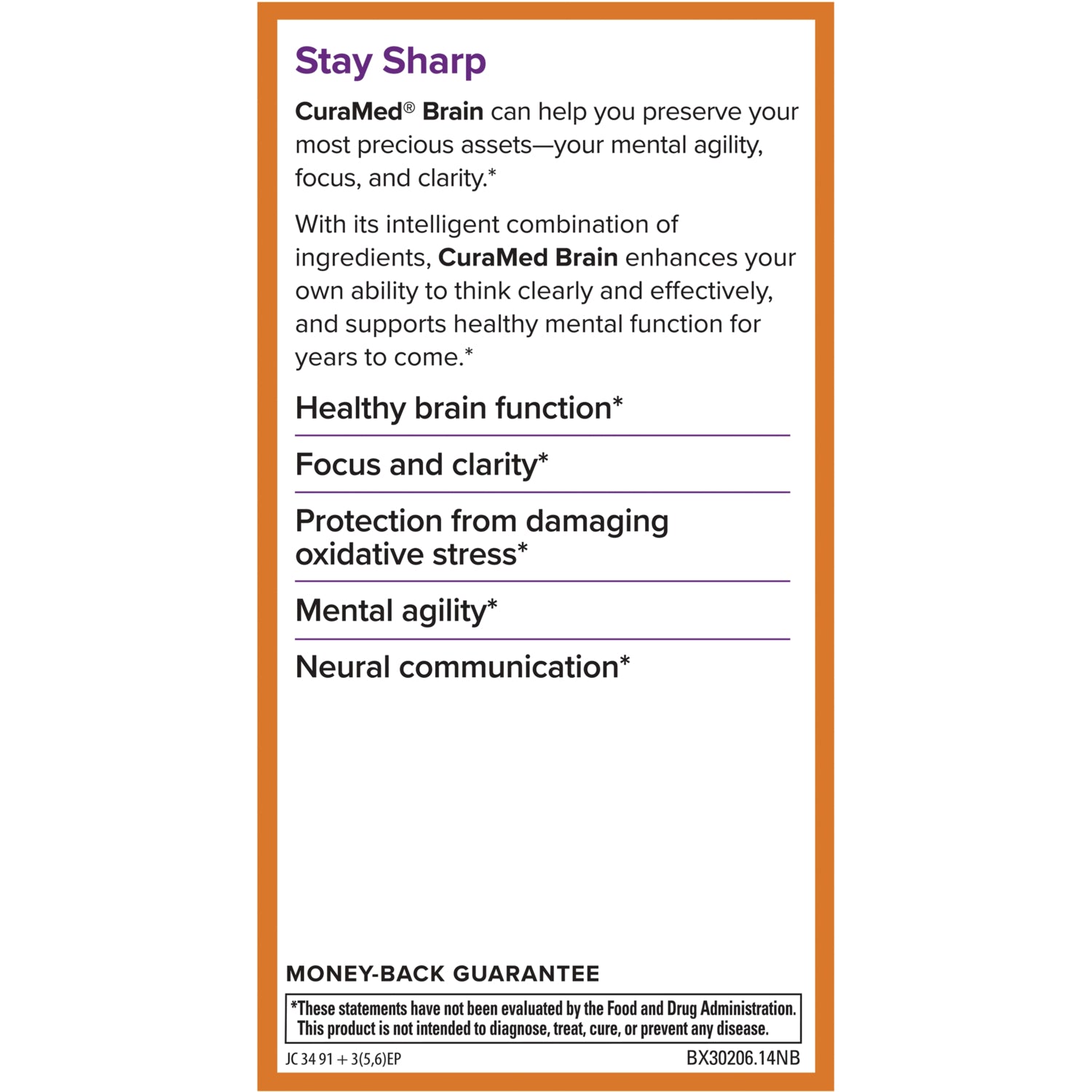 EUR010 | Back panel titled Stay Sharp describing CuraMed Brain benefits and money-back guarantee