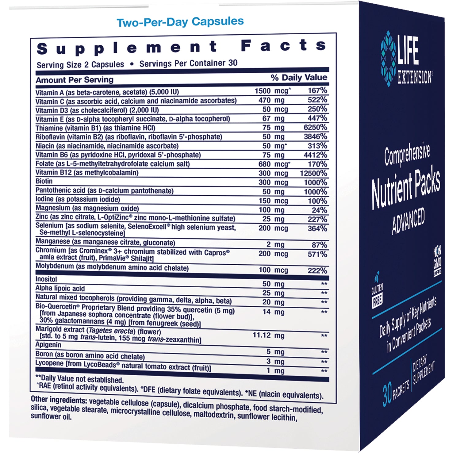 LE495 | Supplement Facts panel for Comprehensive Nutrient Packs Advanced showing ingredient amounts and % daily values