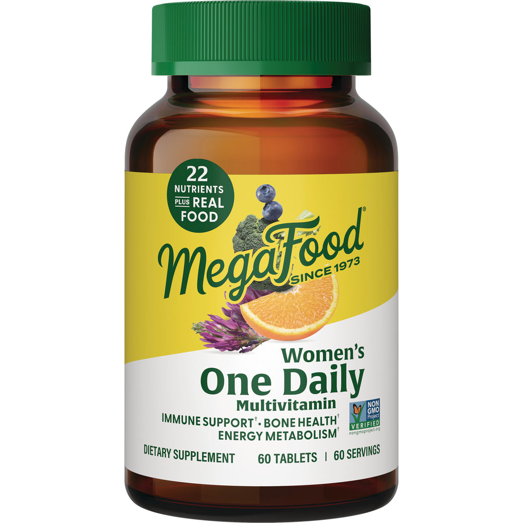MGF027 | MegaFood Women's One Daily multivitamin amber bottle with green cap, 60 tablets, label shows orange slice and 22 nutrients plus real food - Thumbnail