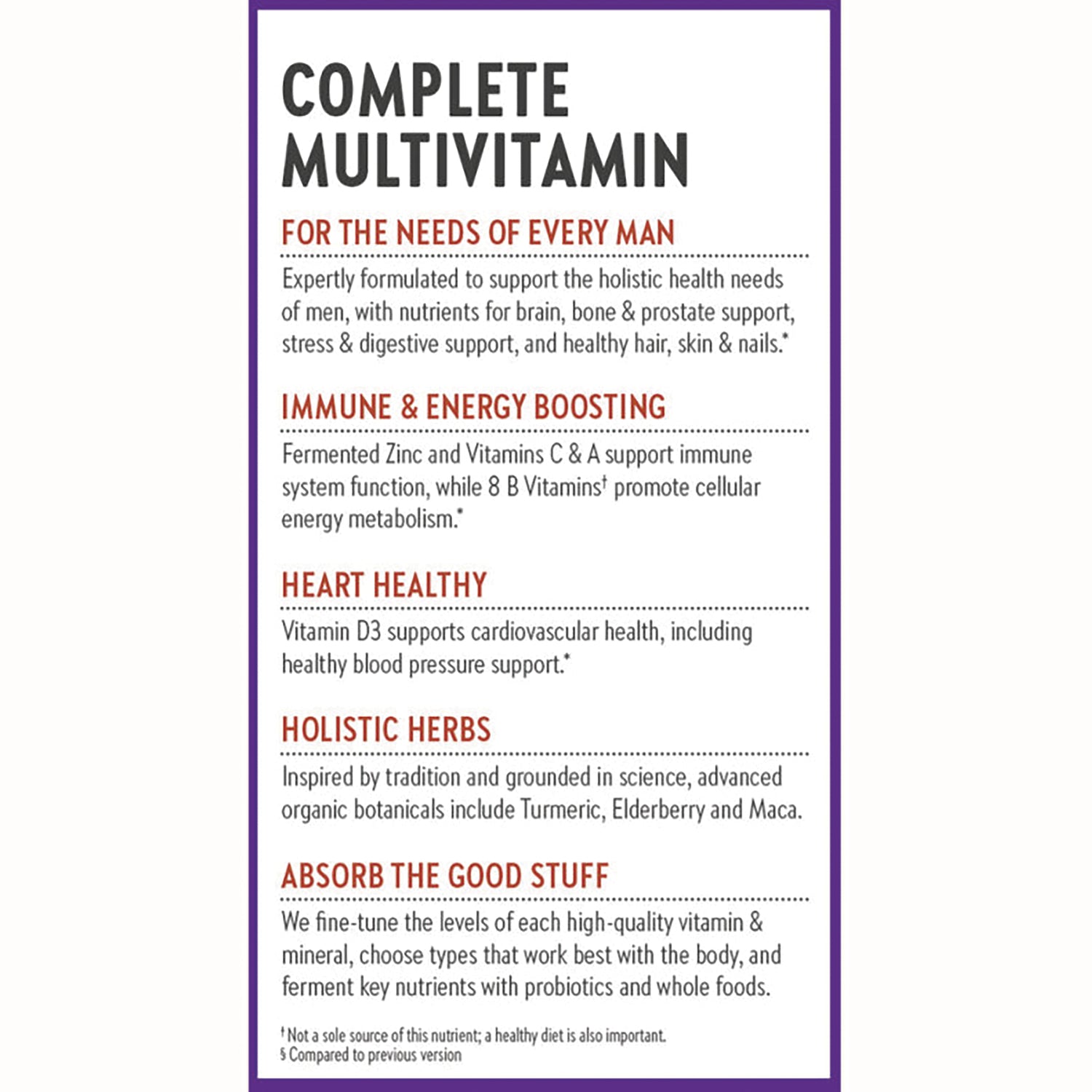 NWC240 | product infographic listing Complete Multivitamin benefits for men: immune & energy, heart healthy, holistic herbs, absorb the good stuff