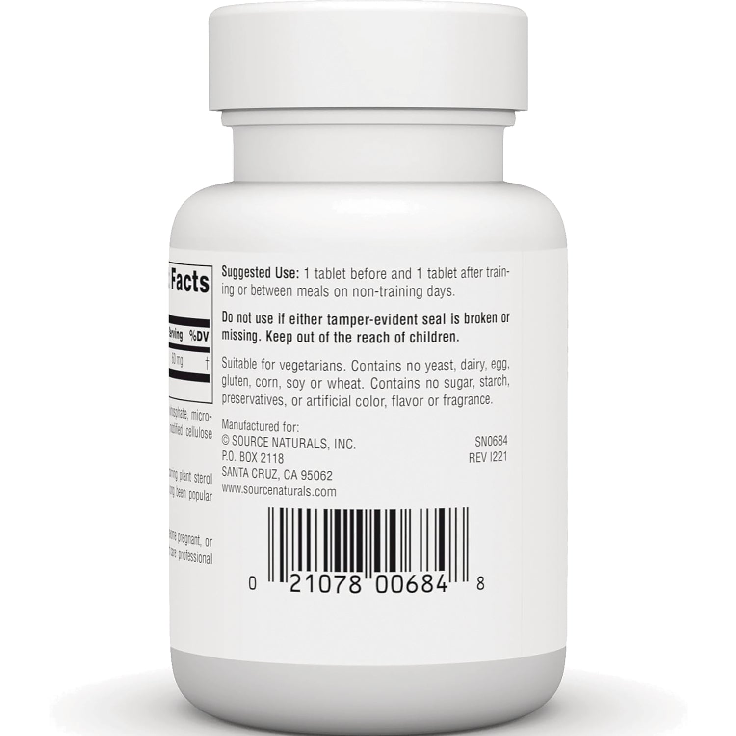 SN716 | Back label of Source Naturals supplement bottle with suggested use, warnings, and barcode