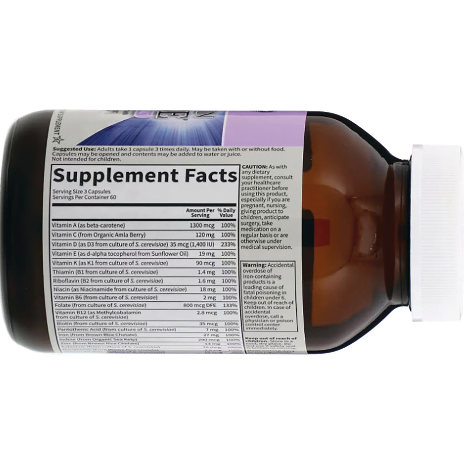 GLF139 | Brown bottle on its side showing back label with Supplement Facts nutrition panel
