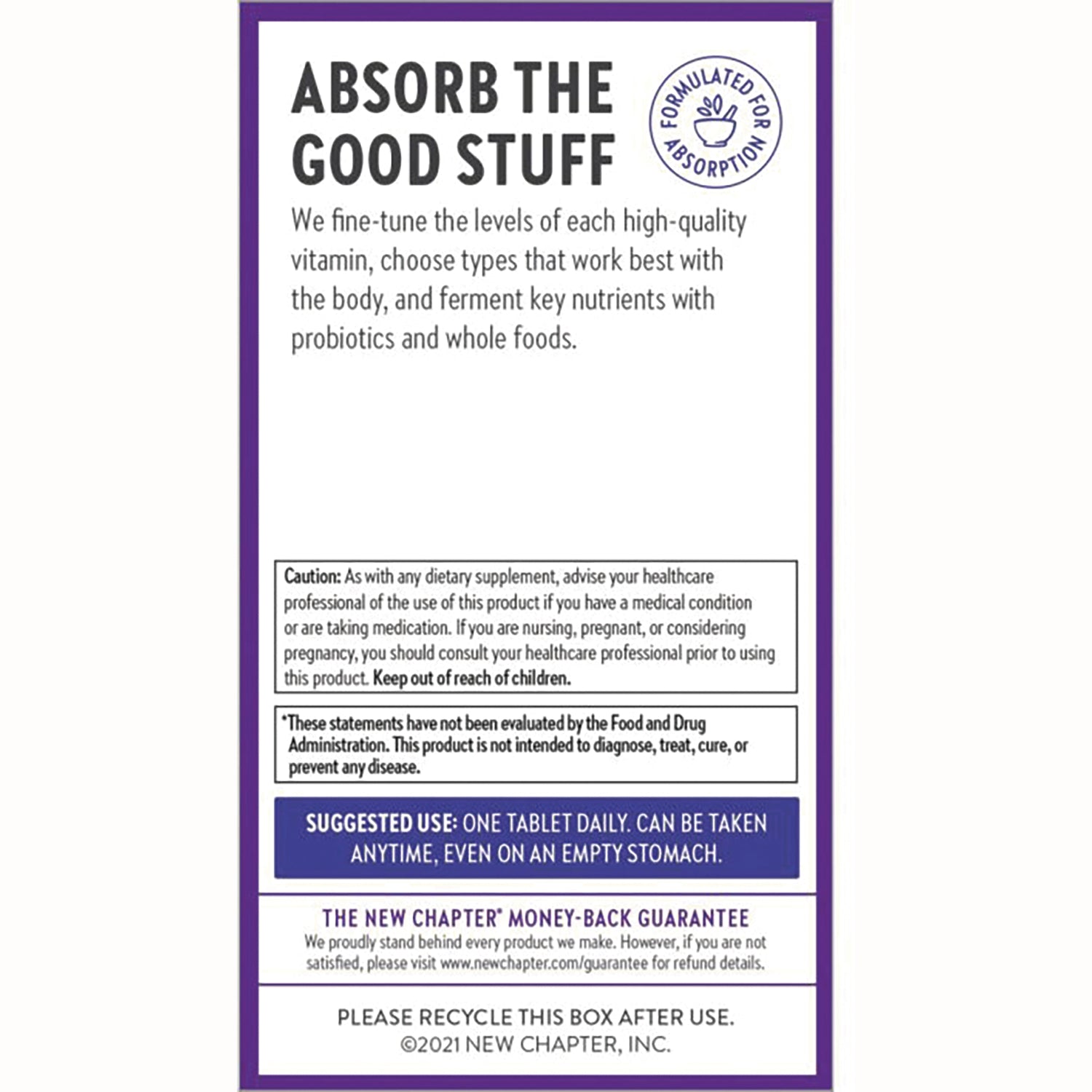 NWC367 | Back panel showing ABSORB THE GOOD STUFF headline, caution box, suggested use one tablet daily, and recycling info