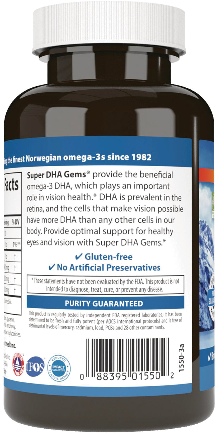 Brown supplement bottle back label with Super DHA Gems description, gluten-free and No Artificial Preservatives claims and barcode