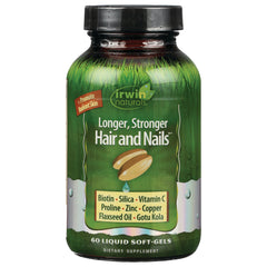 IR100 | Irwin Naturals Longer, Stronger Hair and Nails bottle, 60 liquid soft-gels, label lists Biotin, Silica, Vitamin C