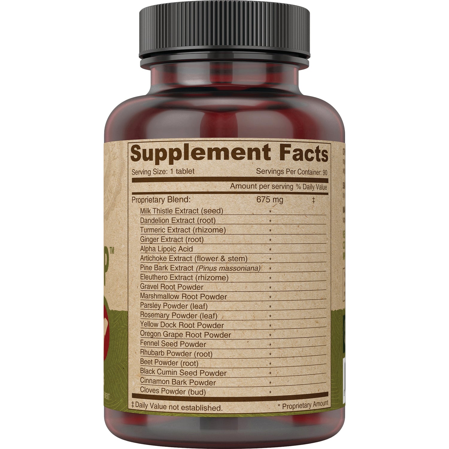 Supplement Facts label on brown supplement bottle listing a 675 mg proprietary blend and ingredient names