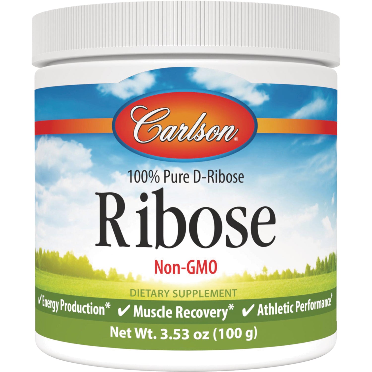 CSN141 | Carlson Ribose jar labeled 100% Pure D-Ribose Non-GMO dietary supplement, net wt 3.53 oz (100 g)