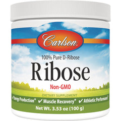 CSN141 | Carlson Ribose jar labeled 100% Pure D-Ribose Non-GMO dietary supplement, net wt 3.53 oz (100 g)
