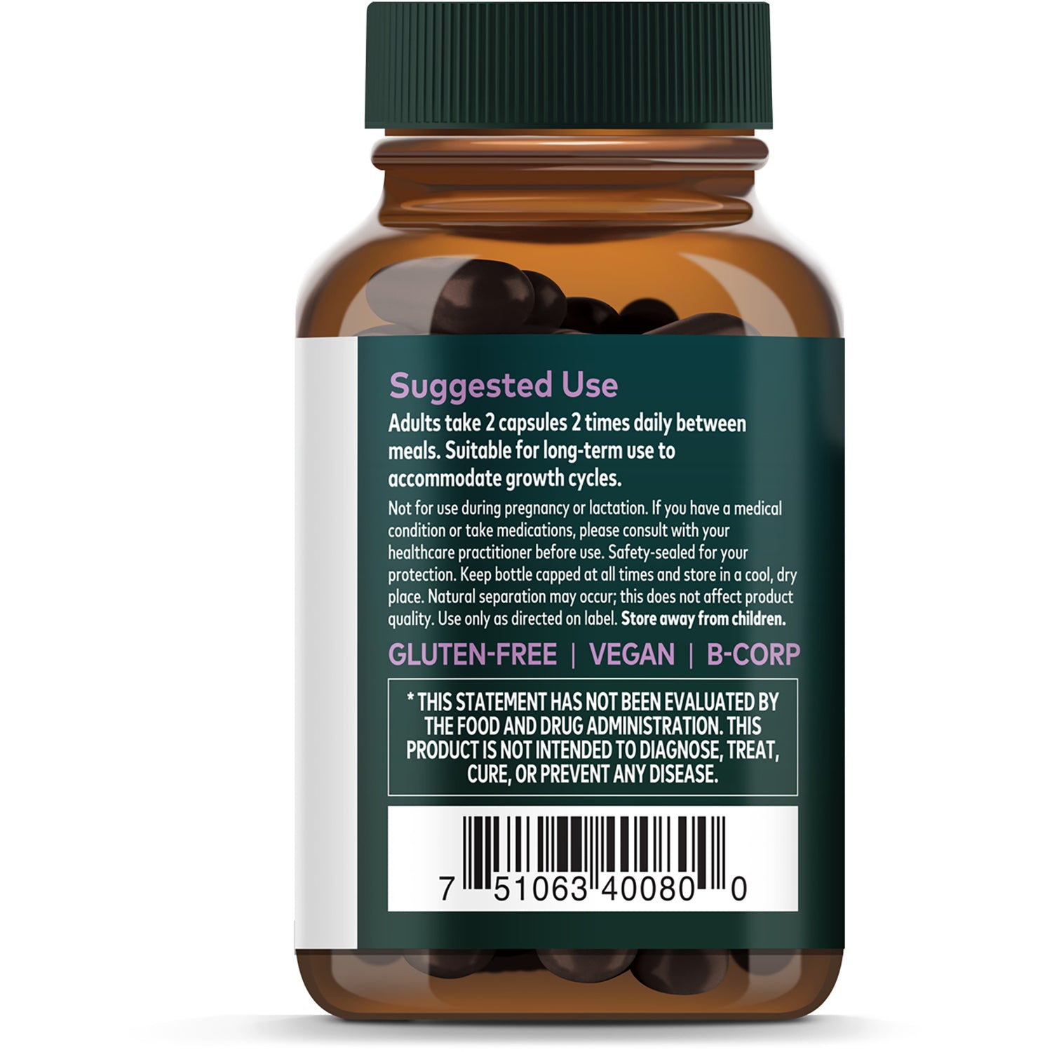 GH082 | Back label of amber supplement bottle with Suggested Use, gluten-free vegan text, FDA disclaimer and barcode