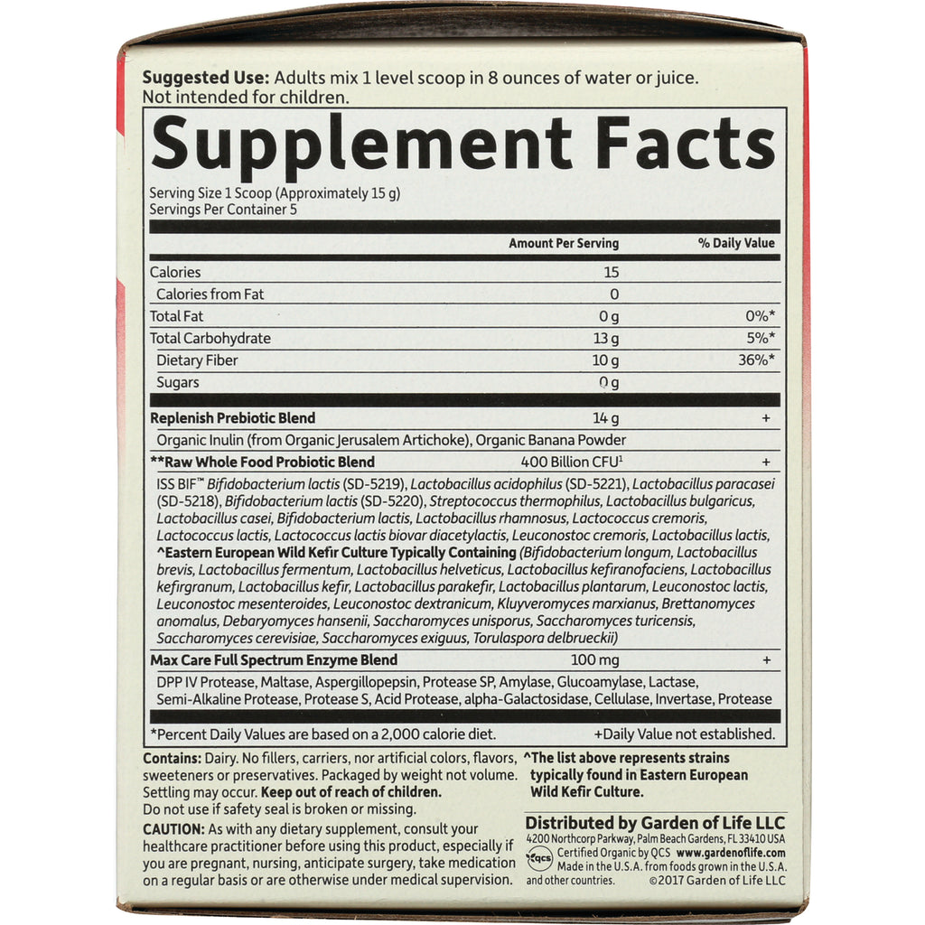 GLF155 | Supplement Facts panel showing serving size, calories, Replenish Prebiotic Blend, Raw Whole Food Probiotic Blend and enzyme blend on back - Thumbnail