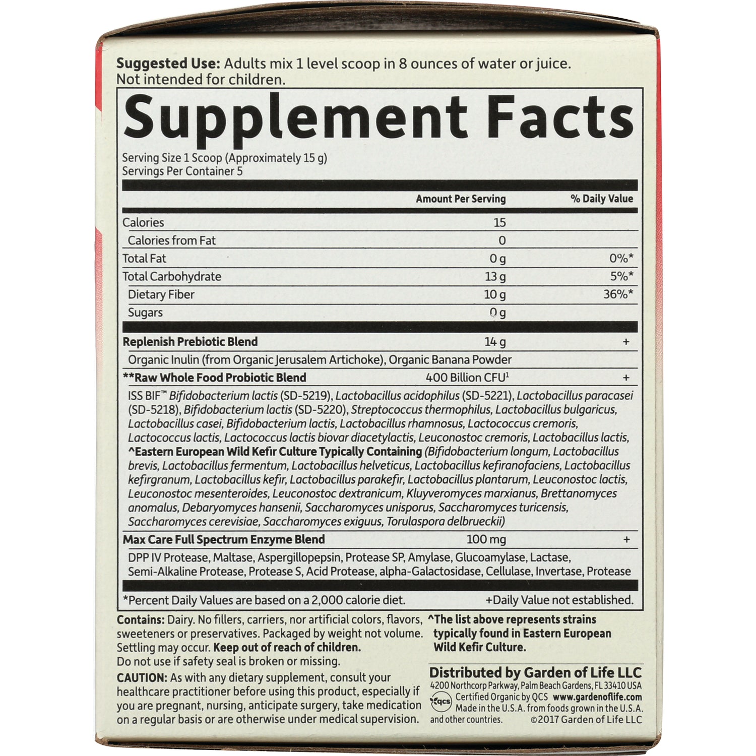 GLF155 | Supplement Facts panel showing serving size, calories, Replenish Prebiotic Blend, Raw Whole Food Probiotic Blend and enzyme blend on back