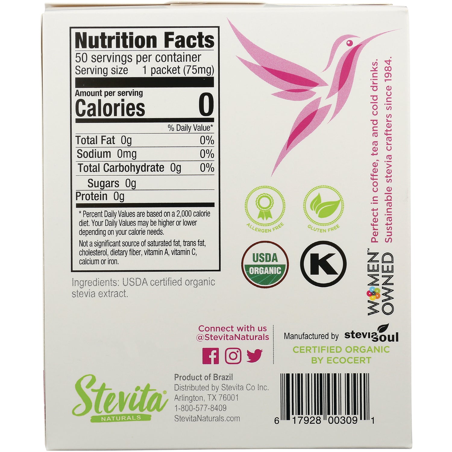 STV017 | Back of Stevita Naturals stevia box with Nutrition Facts, USDA Organic, allergen free, gluten free, and barcode