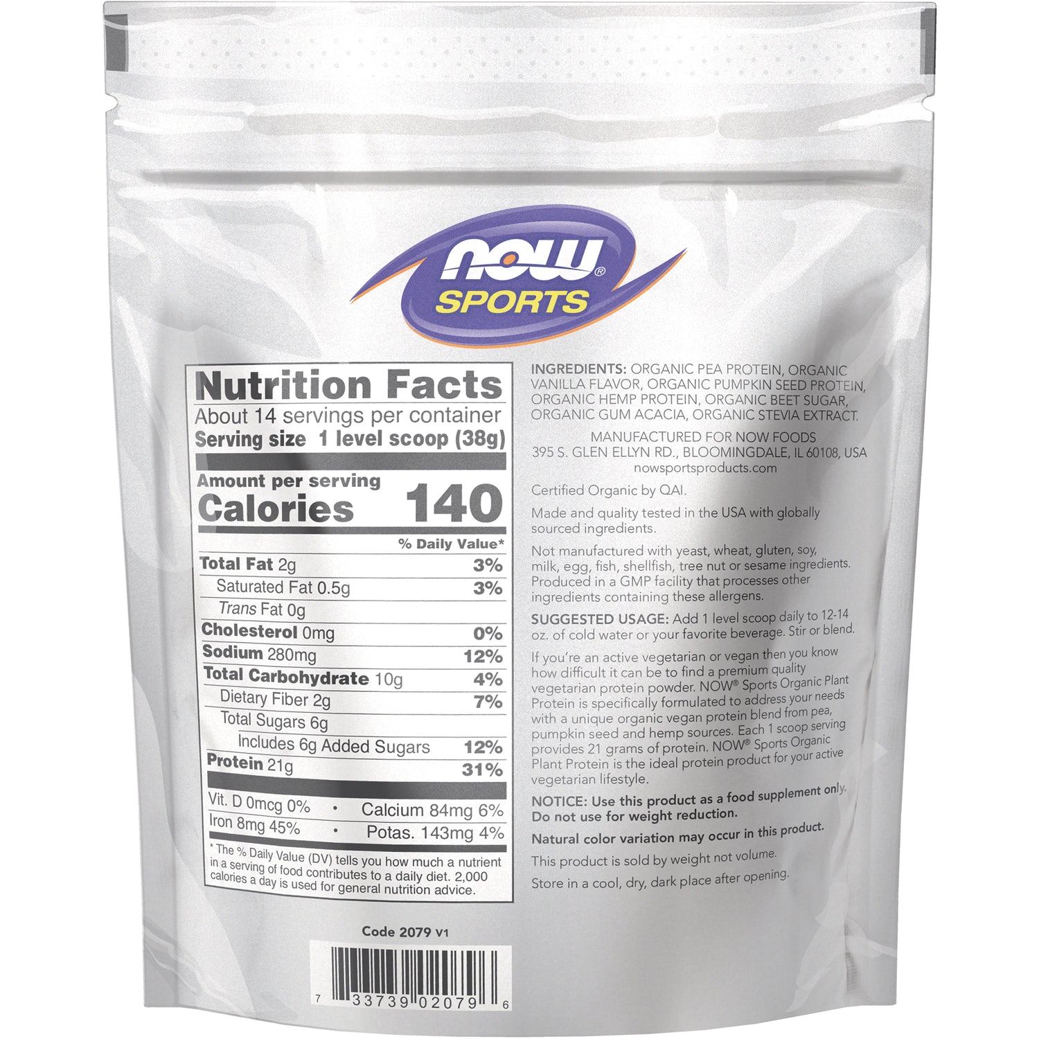 NWF1426 | Back of silver NOW Sports pouch showing Nutrition Facts panel, ingredients list and barcode