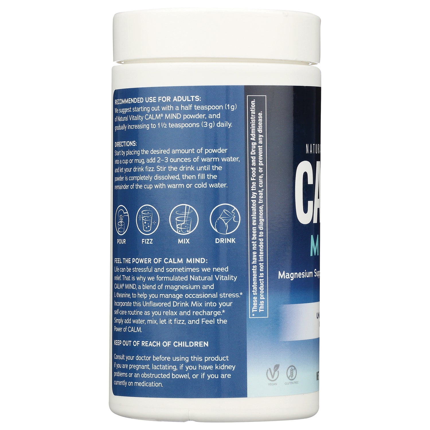 NVT067 | back label infographic showing usage icons and directions for Calm Mind magnesium drink mix