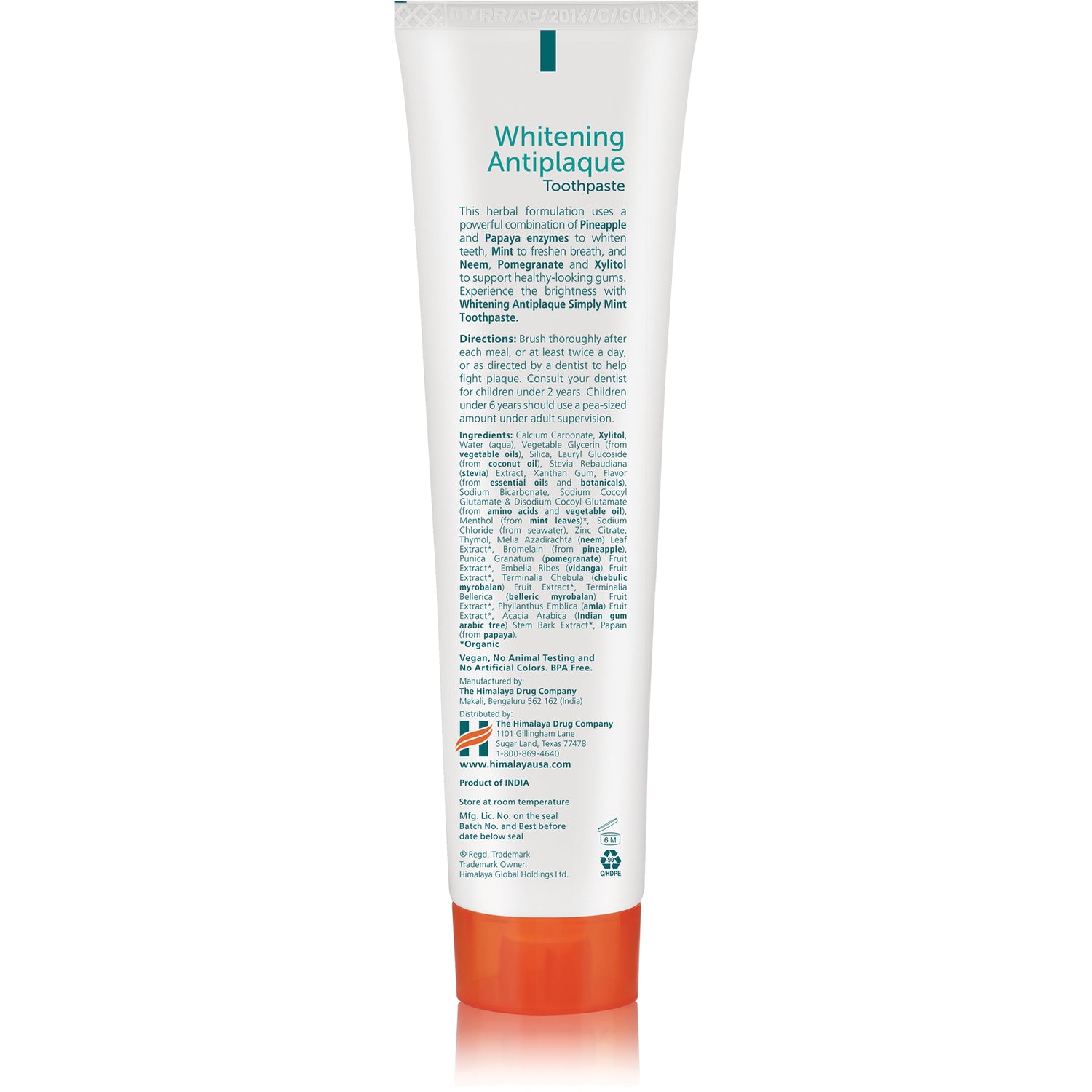 HHH056 | Whitening Antiplaque Toothpaste tube back showing ingredients, directions, and manufacturer information