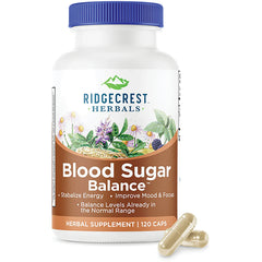 PH045 | Ridgecrest Herbals Blood Sugar Balance white bottle with blue cap, front label reading 120 Vegan Capsules and New Look