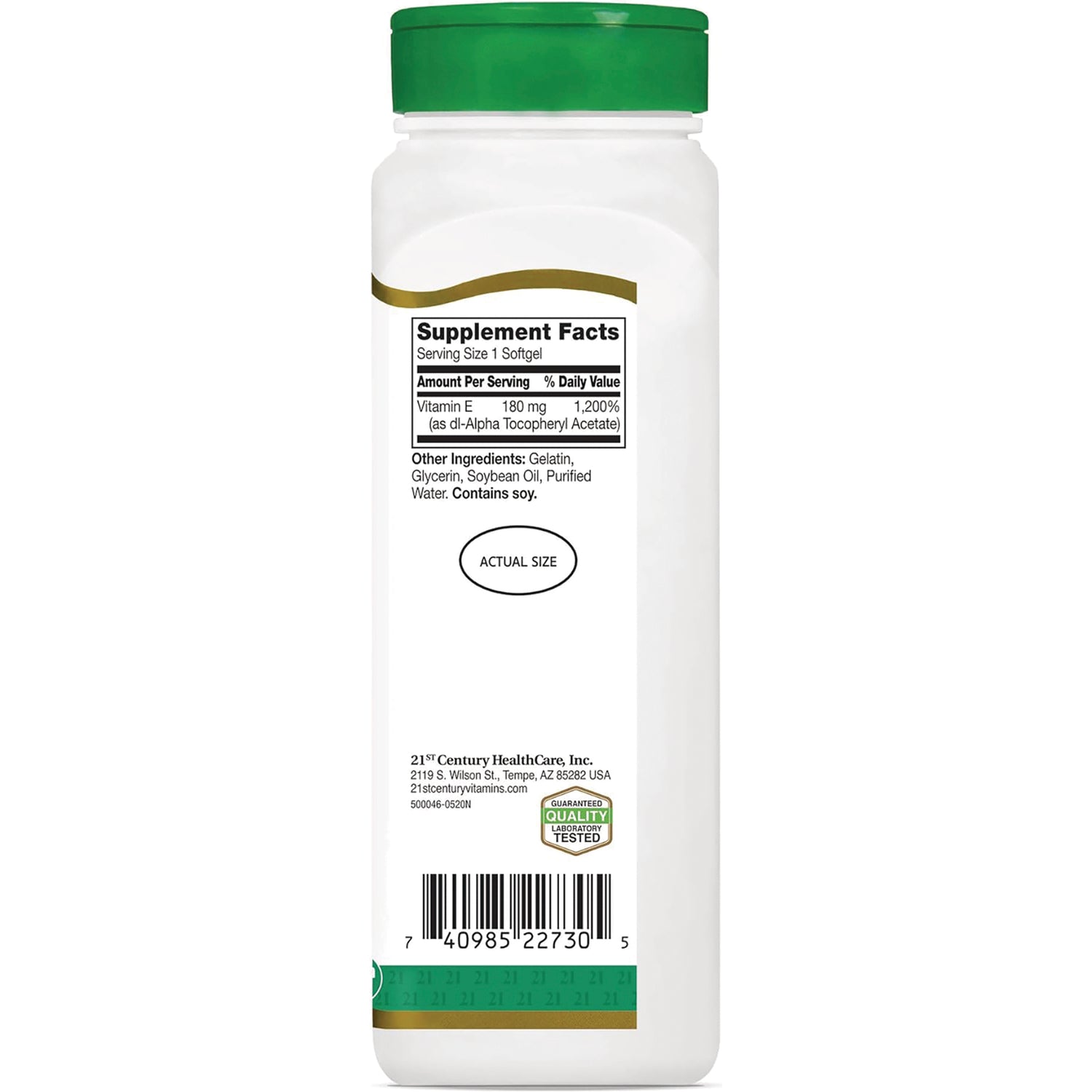 CNT182 | Back of white supplement bottle showing Supplement Facts panel, ingredients, actual size oval, and barcode