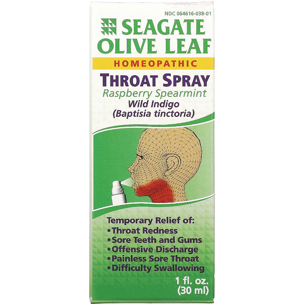 Seagate Olive Leaf throat spray box, raspberry spearmint, usage diagram and temporary relief claims - Thumbnail