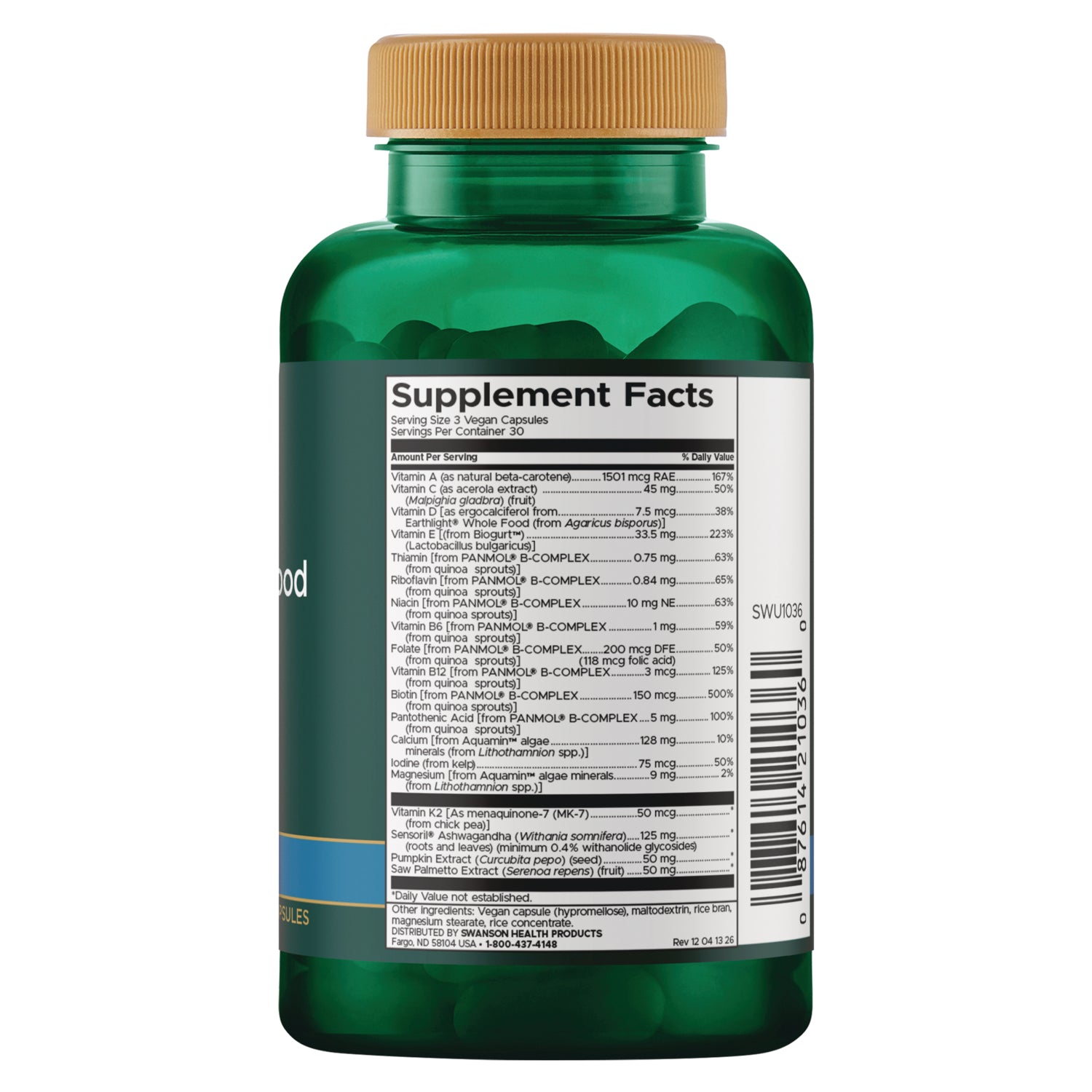 SWU1036 | Back label with supplement facts and serving information