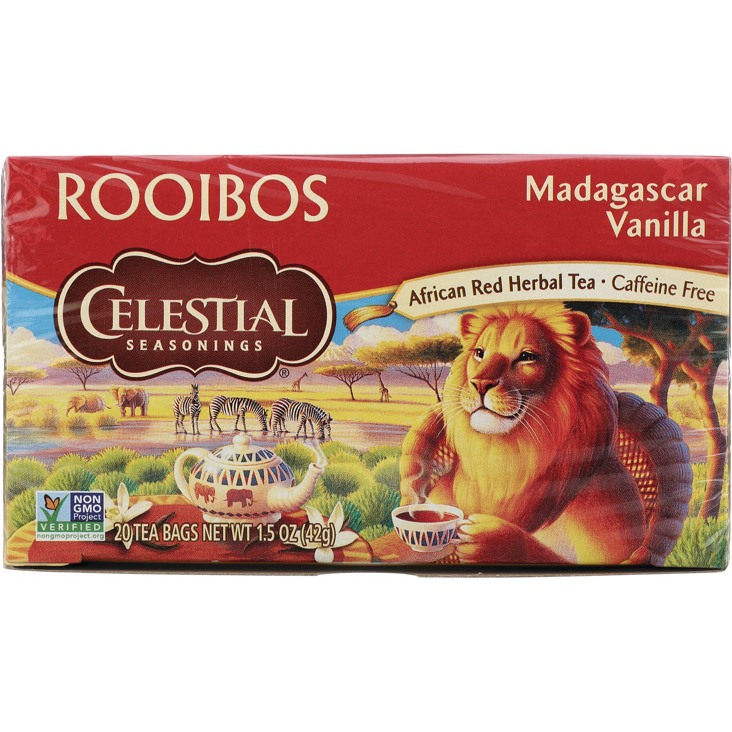 CEL005 | Celestial Seasonings Rooibos Madagascar Vanilla tea box with lion illustration, 20 tea bags, caffeine free