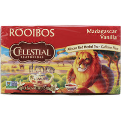 CEL005 | Celestial Seasonings Rooibos Madagascar Vanilla tea box with lion illustration, 20 tea bags, caffeine free