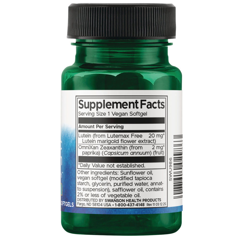 SWU986 | Supplement Facts panel showing lutein 20 mg and zeaxanthin 2 mg per softgel - Thumbnail