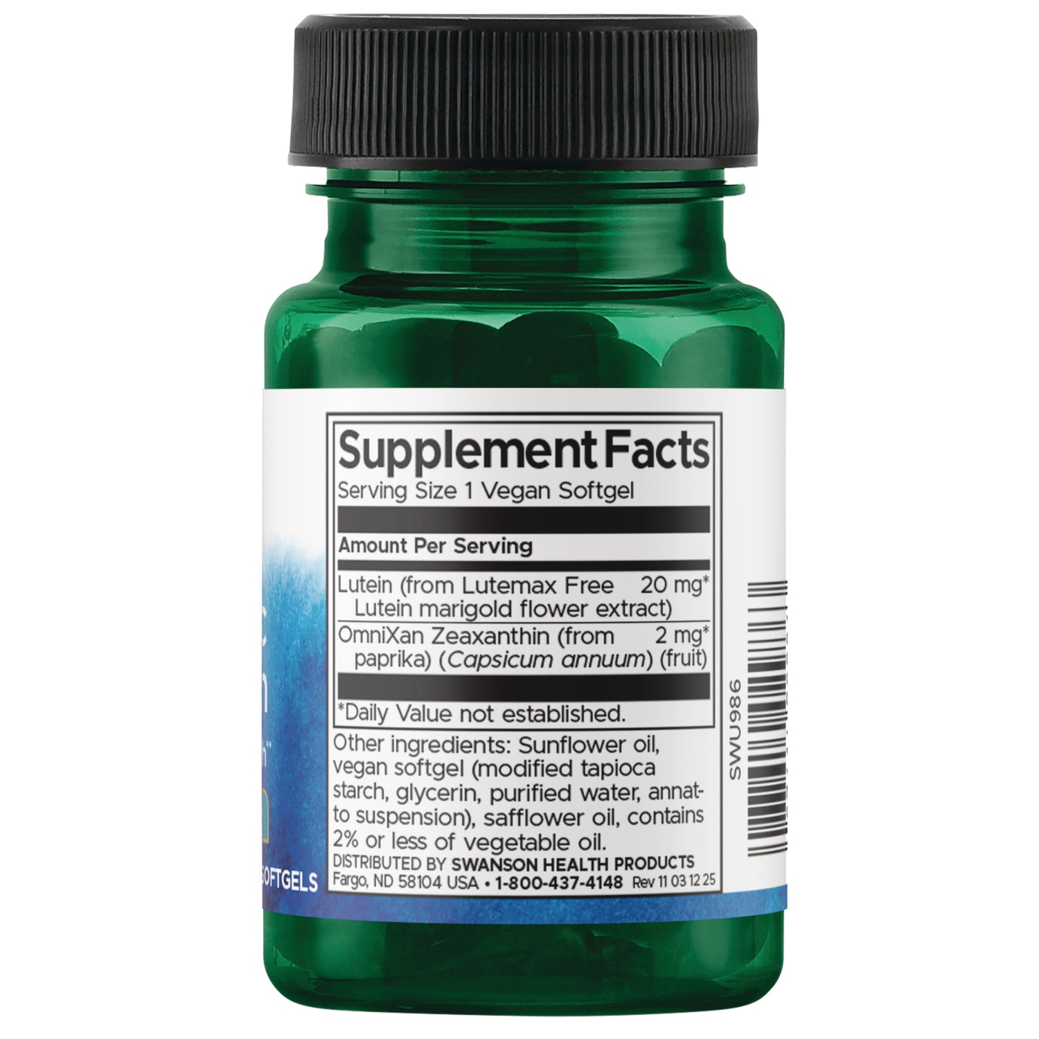 SWU986 | Supplement Facts panel showing lutein 20 mg and zeaxanthin 2 mg per softgel