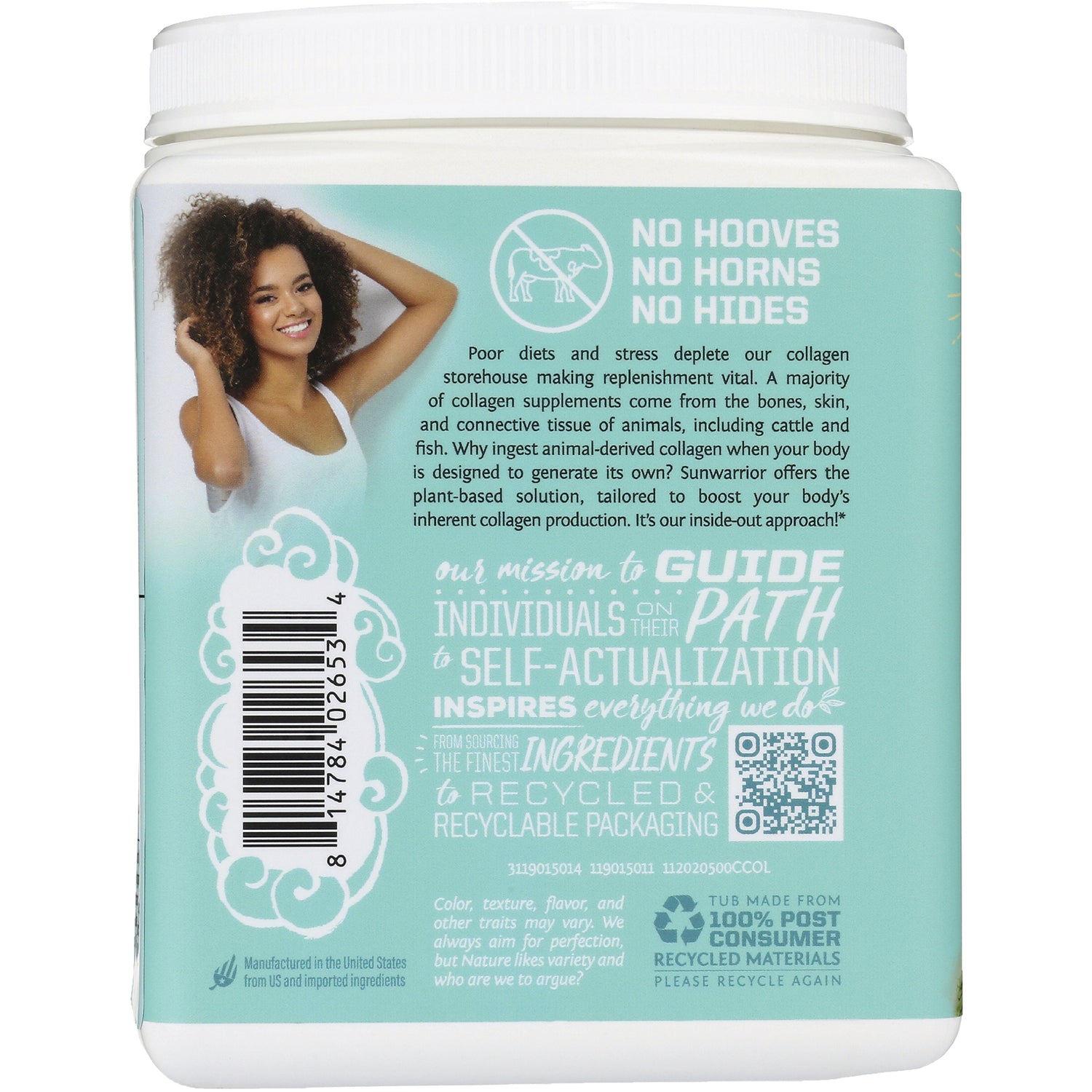 SNW032 | Collagen booster tub infographic with 'No Hooves No Horns No Hides', mission text, barcode, and QR code