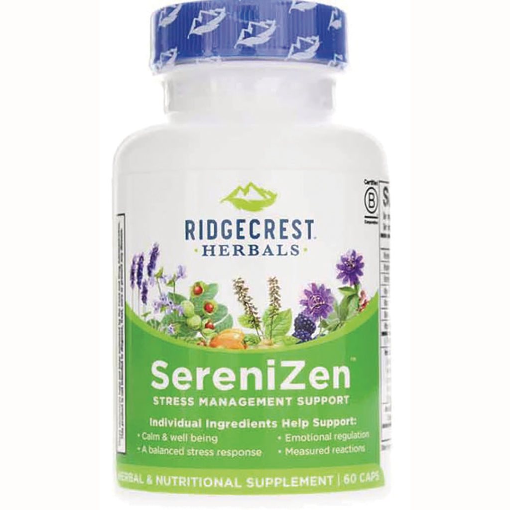 PH053 | Ridgecrest Herbals SereniZen supplement bottle with green label reading SereniZen stress management support, 60 caps - Thumbnail
