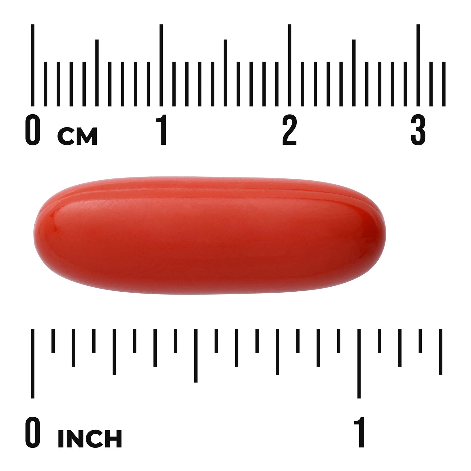 SWU166 | Red oblong softgel shown against size scale in inches and centimeters