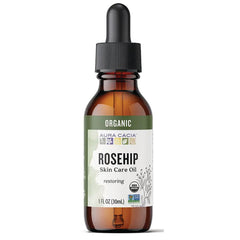 ARC233 | Amber dropper bottle of Aura Cacia Rosehip skin care oil, 1 fl oz organic label