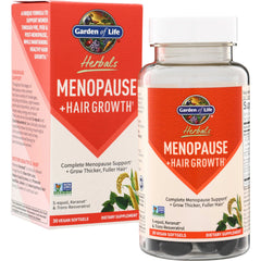 GLF391 | Garden of Life Herbals Menopause + Hair Growth dietary supplement, 30 vegan softgels, box and bottle