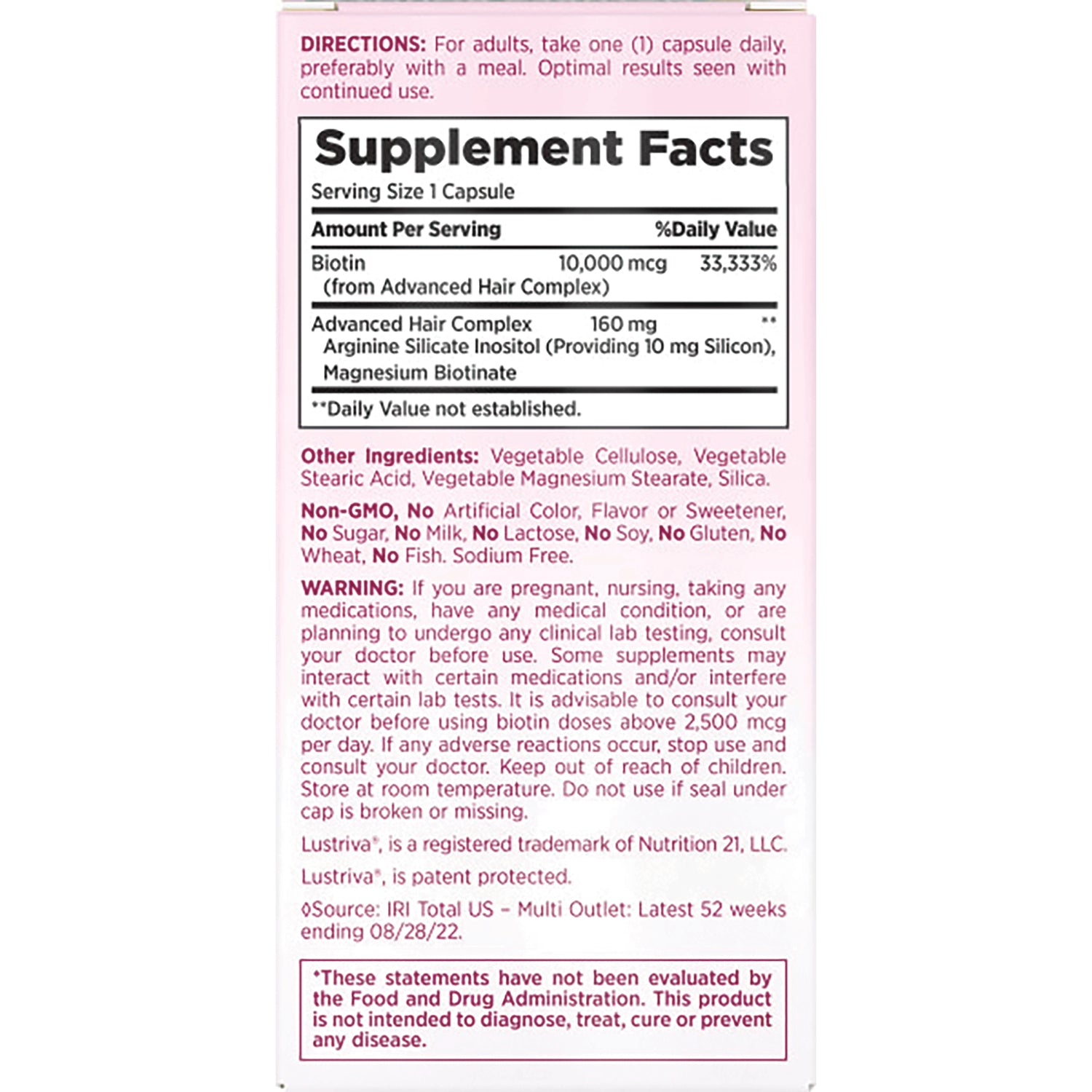 NBY105 | back panel showing Supplement Facts, other ingredients, directions and warning text