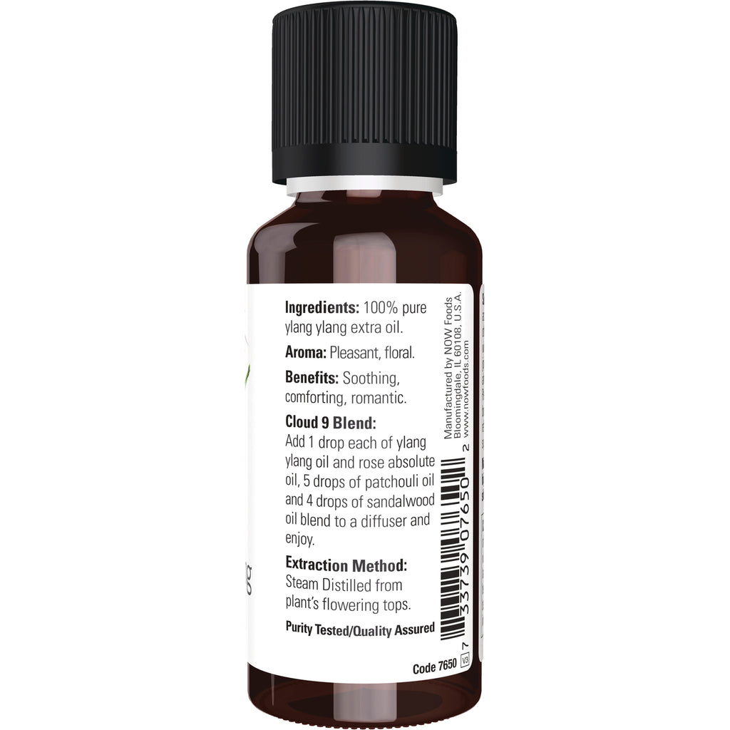 NWF518 | Back label of amber oil bottle listing Ingredients: 100% pure ylang ylang extra oil, benefits, Cloud 9 blend, extraction method - Thumbnail