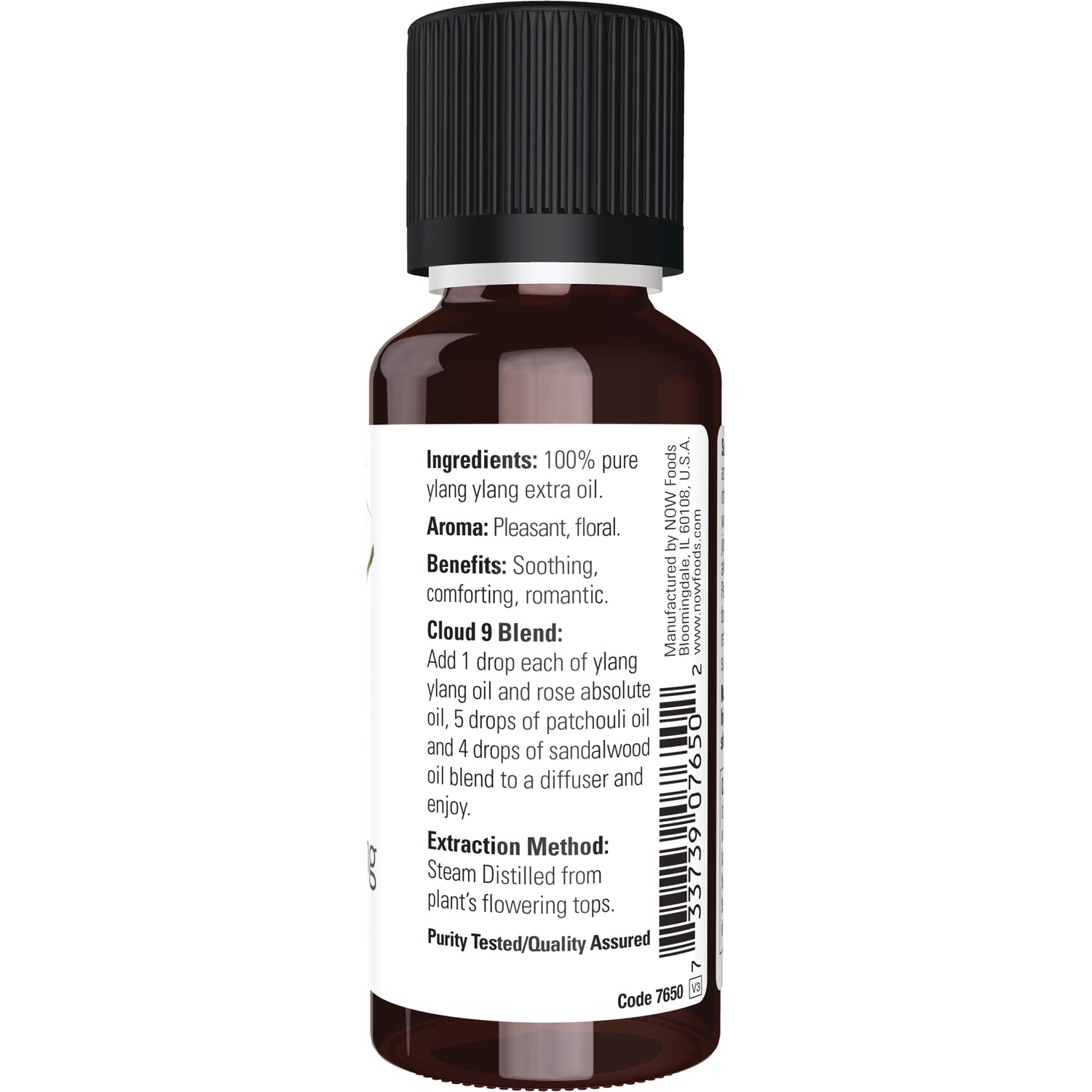 NWF518 | Back label of amber oil bottle listing Ingredients: 100% pure ylang ylang extra oil, benefits, Cloud 9 blend, extraction method