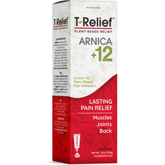 MNA023 | T-Relief Arnica +12 plant-based pain relief cream front packaging showing lasting pain relief for muscles, joints, back