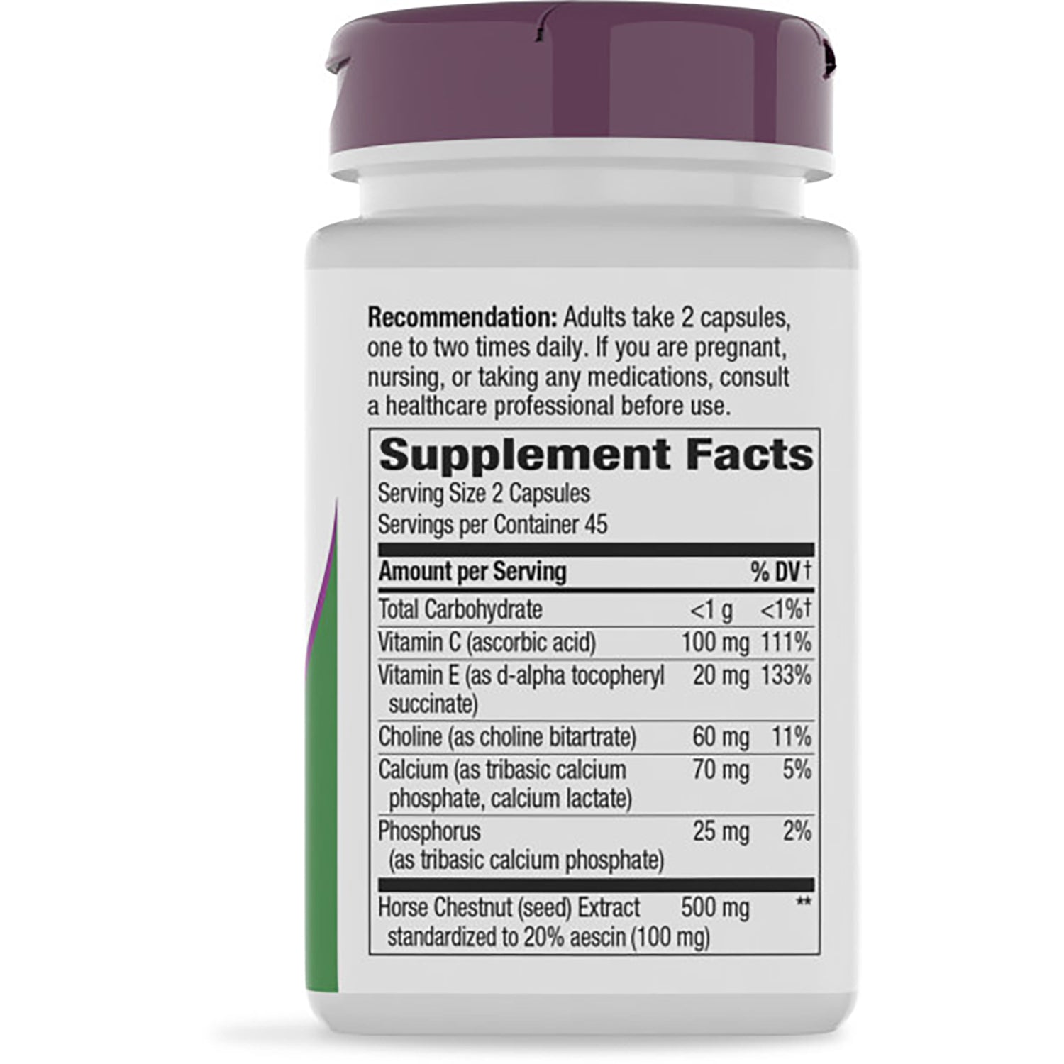 ET423 | Bottle back showing Supplement Facts panel and recommendation 'Adults take 2 capsules, one to two times daily'