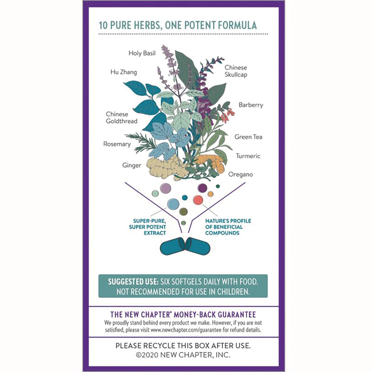 NWC310 | Back panel showing illustrated herbs with ingredient names and suggested use six softgels daily with food