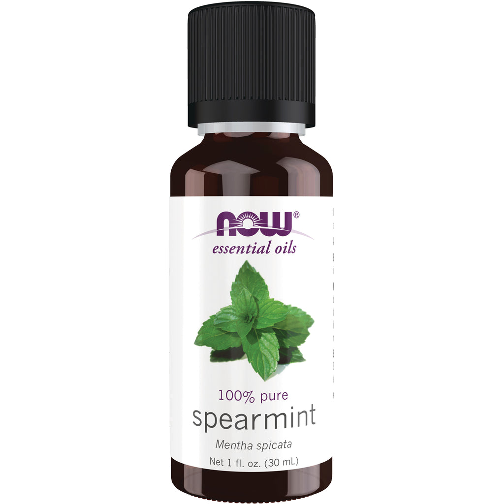 NWF636 | Brown glass bottle of NOW essential oils spearmint, 100% pure, 1 fl oz with mint leaves on label - Thumbnail