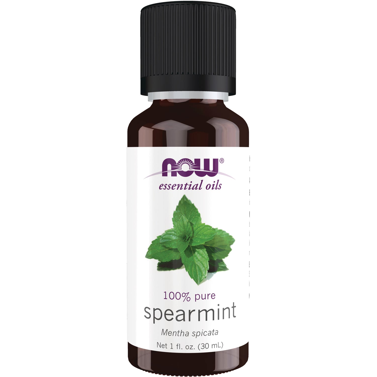 NWF636 | Brown glass bottle of NOW essential oils spearmint, 100% pure, 1 fl oz with mint leaves on label