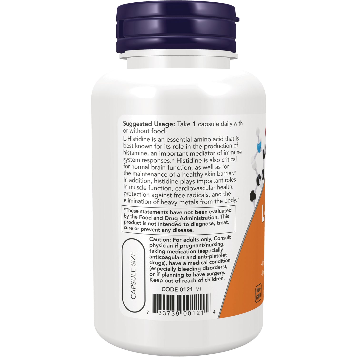 NWF1456 | Back label of white supplement bottle showing suggested usage text, caution, capsule size and barcode